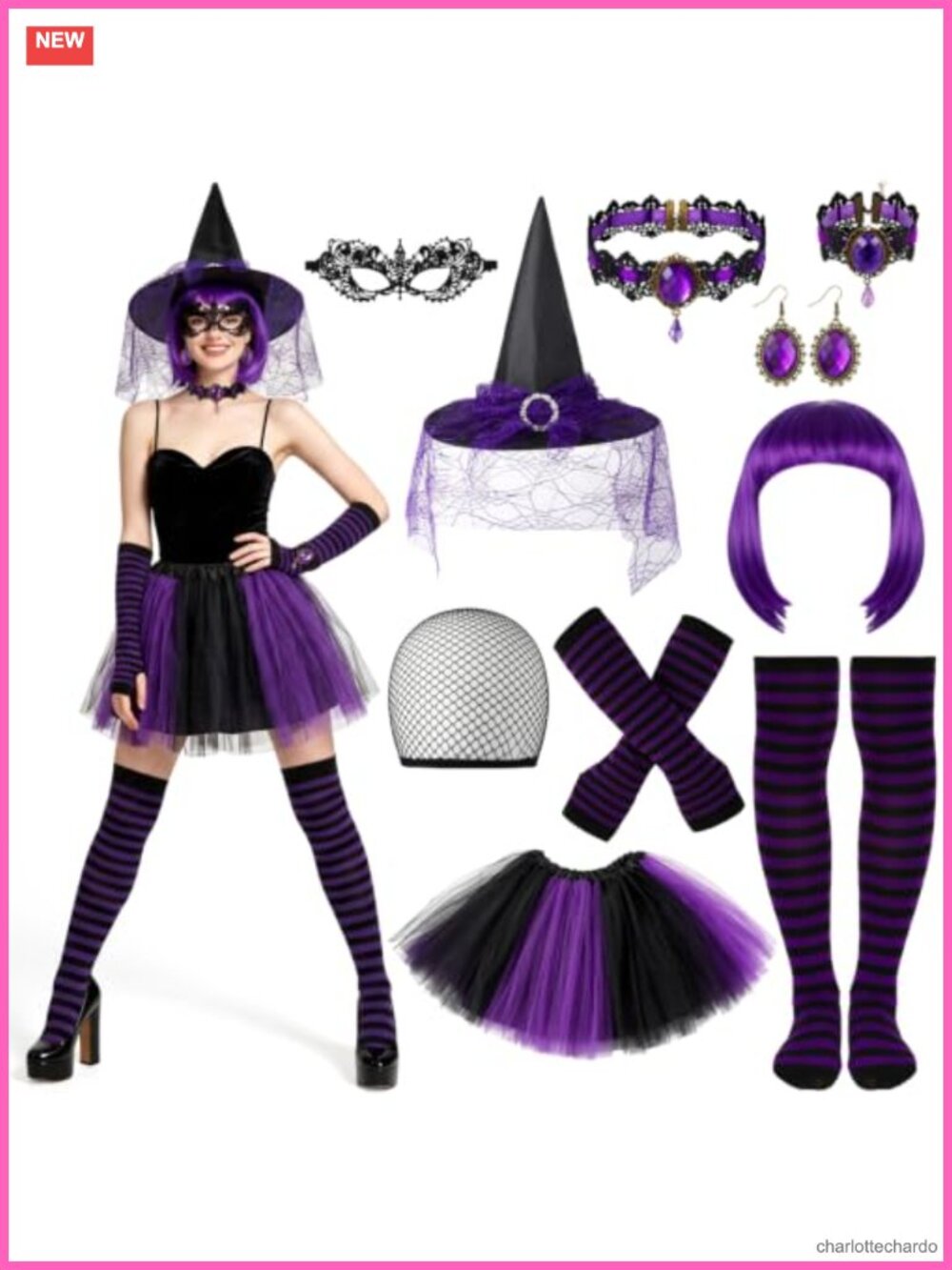 Gothic Witch Costume Set Striped Gloves Hat Socks Wig Tutu Skirt Halloween